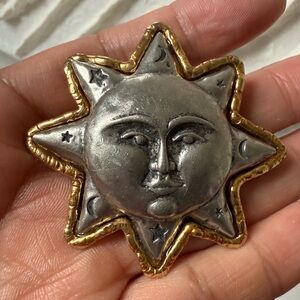Vintage 1990s JJ Jonette Celestial Sun Face Brooch Silver Gold Tone Pewter VTG